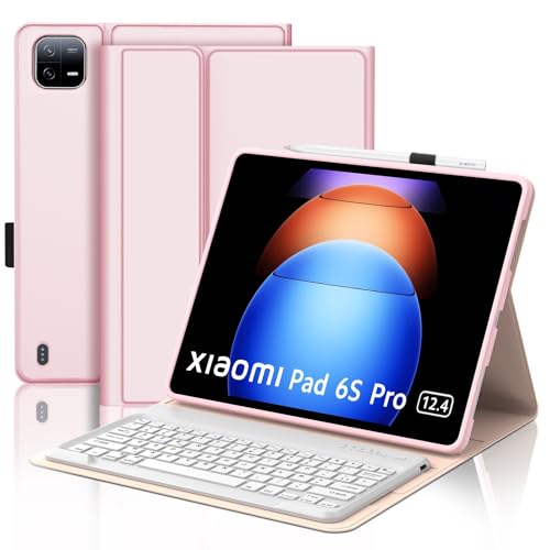 SENGBIRCH Tastaturhülle für Xiaomi Pad 6s Pro 12,4 Zoll 2024 – französische AZERTY-Tastatur mit Schlitz für Eingabestift, abnehmbar, kabellos, Bluetooth, für Xiaomi Pad 6s Pro 12,4 Zoll, Hellrosa von SENGBIRCH