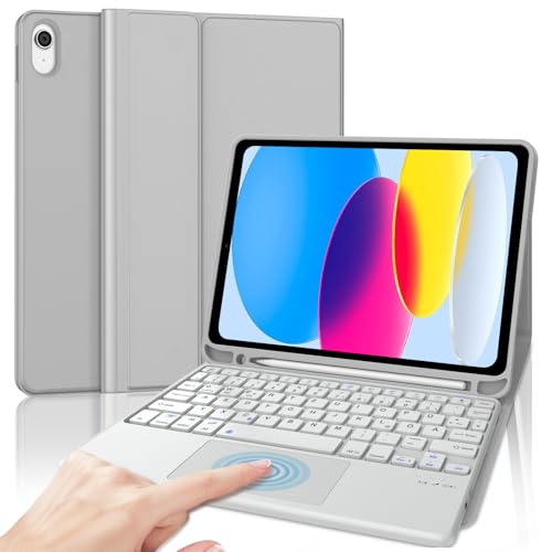 SENGBIRCH Hülle für iPad 10. Gen 10.9"/ 11. Gen A16 2025 mit Trackpad Tastatur - QWERTZ Deutsche Touchpad Abnehmbare Bluetooth Wireless Tastatur für iPad 10. Gen 10.9 Zoll, Hellgrau von SENGBIRCH