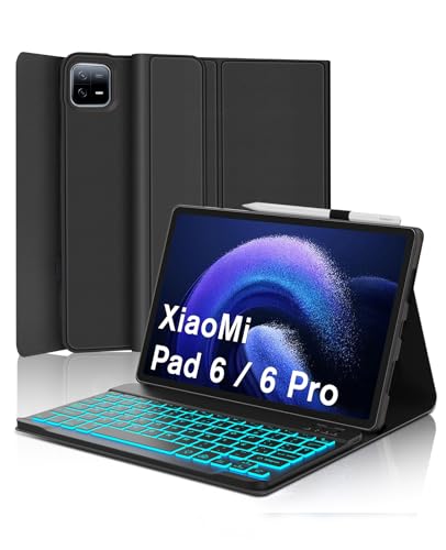 SENGBIRCH Xiaomi Pad 6 Pro Tastatur Hülle - Kompatibilität Xiaomi Pad 6/ Mi Pad 6 Pro 11" 2023,7 Beleuchtungseffekte Abnehmbar Magnetisch Tastatur mit QWERTZ Layout - Schwarz von SENGBIRCH