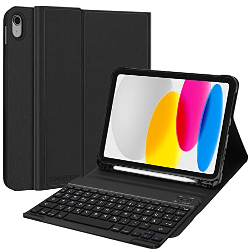 SENGBIRCH ipad 10 Generation hülle mit Tastatur - Tastatur mit Abnehmbar QWERTZ Layout Bluetooth Keyboard, iPad Hülle mit Leder PU SchutzHülle für Neue iPad 10 2022 10.9' - Schwarz von SENGBIRCH