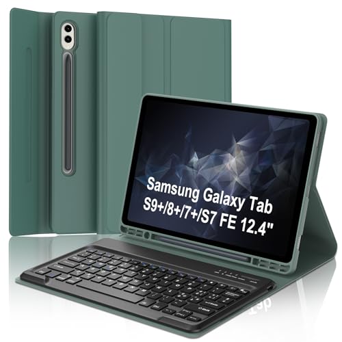 Tastatur für Samsung Galaxy Tab S9 Plus mit Abdeckung für S8+/S7+, S7FE 12,4 Zoll, Schutzhülle für Samsung Galaxy Tab S9 Plus mit Tablet-Tastatur, italienisches Tastatur, abnehmbar, dunkelgrün von SENGBIRCH