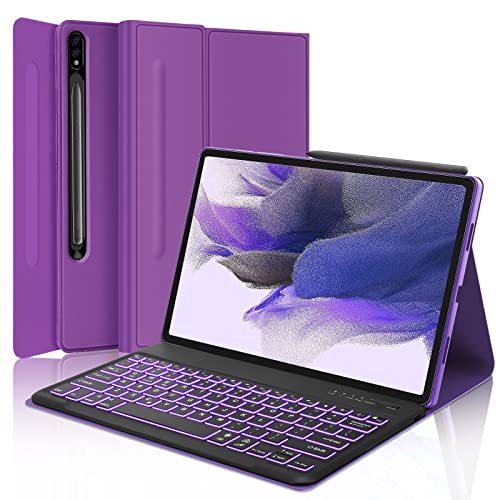 Tastaturhülle für Samsung Galaxy Tablet S7 FE/S8 Plus/S7 Plus 12.4 Zoll, 7 Farben RGB-Hintergrundbeleuchtung, lila Hülle und schwarze Tastatur, Galaxy Tab S7 FE 5g Hülle mit Tastatur von SENGBIRCH