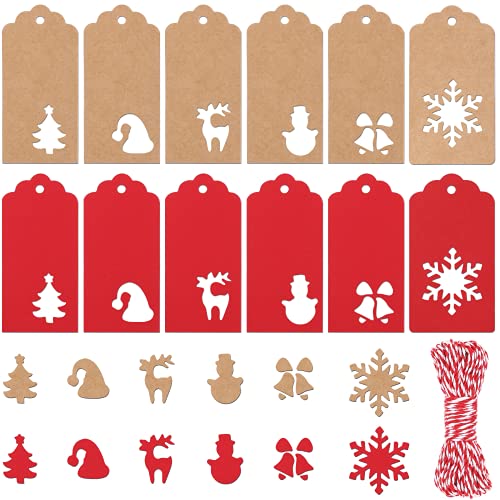 120 Stück Weihnachts Geschenkanhänger Weihnachten Etiketten aus Kraftpapier mit Seil,handgemachte DIY Christbaumschmuck Ornamente (Rot ， Braun) von SEPGLITTER