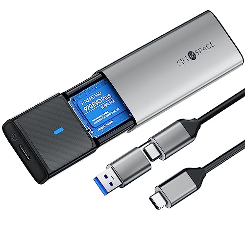 NVMe Gehäuse [Werkzeuglos], SETMSPACE M2 SSD Gehäuse [NVMe & SATA], M.2 SSD Gehäuse mit 2-in-1 Kabel, M2 USB Adapter für M-Key und B&M-Key, M2 SSD Case aus Aluminium- Grau Enclosure von SETMSPACE