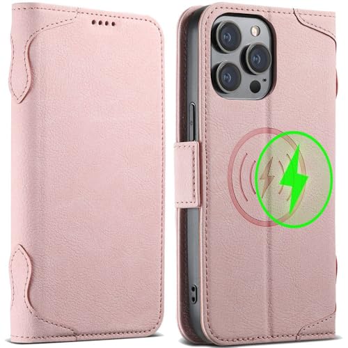 SETNGB Magnetische Handyhülle aus Leder mit Kartenhalter für iPhone 11 12 13 14 15 16 Pro Max 14 15 16 Plus, kabelloses Laden, stoßfeste Schutzhülle, Pink, für iPhone 15 Pro Max von SETNGB