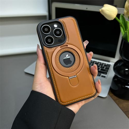 SETNGB Magnetischer Ständerring PU-Leder-Handyhülle für iPhone 16 15 14 13 12 Pro Max 14 15 16 Plus Kabelloses Laden Hohllogo-Cover, braun, für iPhone 13 von SETNGB
