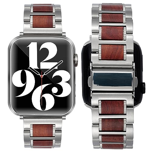 SEURE Holzarmband Kompatibel mit Apple Watch Armband 38mm 40mm 41mm 42mm 44mm 45mm, Herren Damen Edelstahl Holz Uhrarmband Ersatzarmband mit Sandelholz für Series SE/8/7/6/5/4/3/2/1 von SEURE