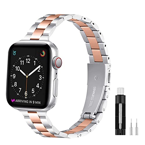 SEURE Kompatibel mit Apple Watch Armband 38mm 40mm 41mm 42mm 44mm 45mm, Herren Damen Uhrarmband Metall Verstellbar schmal Ersatzarmband mit Edelstahlschließe für Series SE/8/7/6/5/4/3/2/1 von SEURE