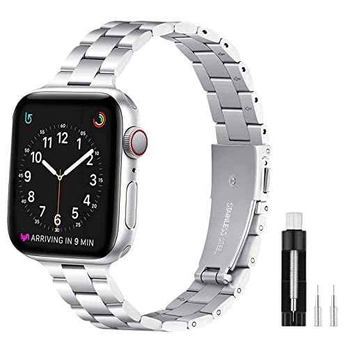 SEURE Kompatibel mit Apple Watch Armband 38mm 40mm 41mm 42mm 44mm 45mm, Herren Damen Uhrarmband Metall Verstellbar schmal Ersatzarmband mit Edelstahlschließe für Series SE/8/7/6/5/4/3/2/1 von SEURE