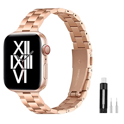 SEURE Kompatibel mit Apple Watch Armband 38mm 40mm 41mm 42mm 44mm 45mm, Herren Damen Uhrarmband Metall Verstellbar schmal Ersatzarmband mit Edelstahlschließe für Series SE/8/7/6/5/4/3/2/1 von SEURE