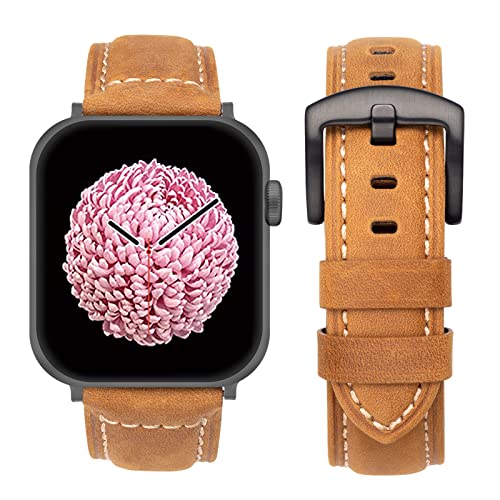 SEURE Kompatibel mit Apple Watch Armband 42mm 44mm 45mm, Herren Damen klassisch Uhrarmband Retro Leder Ersatzarmband für Series SE/8/7/6/5/4/3/2/1(42/44mm,Hellbraun-2) von SEURE