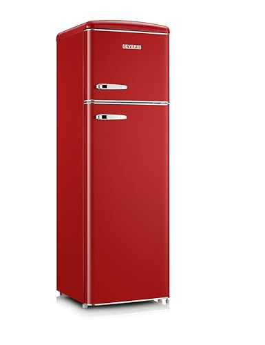 SEVERIN Retro Kühl- & Gefrierkombination, Kühlschrank im Retro-Design mit Chrom-Applikationen, Gefrierfach oben, LED-Beleuchtung, 1-7°C, 246 L Nettovolumen, nur 39 dB, rot, RKG 8983 [EEK D] von SEVERIN