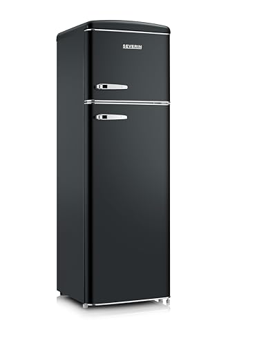 SEVERIN Retro Kühl- & Gefrierkombination, Kühlschrank im Retro-Design mit Chrom-Applikationen, Gefrierfach oben, LED-Beleuchtung, 1-7°C, 246 L Nettovolumen, nur 39 dB, rot, RKG 8984 [EEK D] von SEVERIN