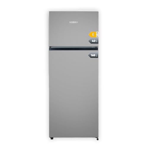 SEVERIN Doppeltür-Kühl-/Gefrierschrank, inkl. moderner LED Beleuchtung, 2 x höhenverstellbare Abstellflächen, große Veggiebox, extrem leise - 40 dB, 197 L Nutzinhalt, silber, DT 8761 von SEVERIN