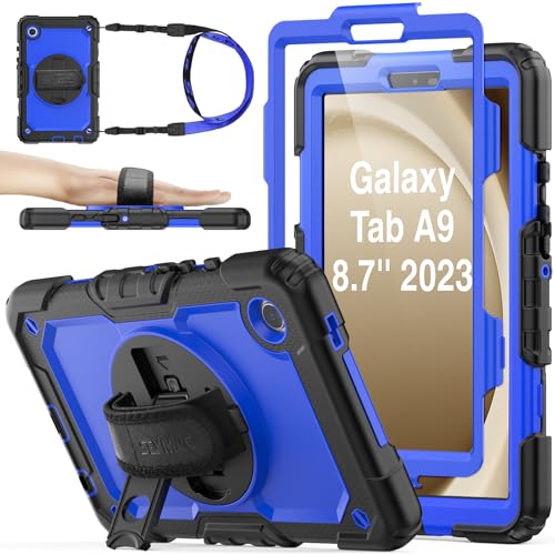 SEYMAC stock Hülle für Samsung Galaxy Tab A9 8,7 Zoll 2023, mit Displayschutz, 360° Drehbare Handschlaufe/Ständer, Stifthalter & Schultergurt, Stoßfeste Galaxy A9 Tablet Hülle, Blau von SEYMAC stock
