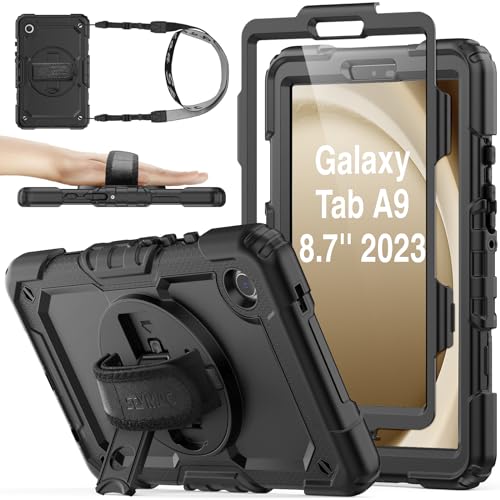 SEYMAC stock Hülle für Samsung Galaxy Tab A9 8,7 Zoll 2023, mit Displayschutz, 360° Drehbare Handschlaufe/Ständer, Stifthalter & Schultergurt, Stoßfeste Galaxy A9 Tablet Hülle, Schwarz von SEYMAC stock