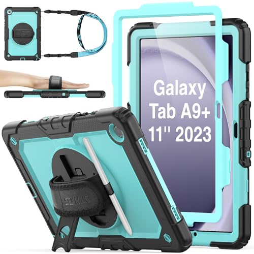 SEYMAC stock Hülle für Samsung Galaxy Tab A9 Plus/ A9+ 11 Zoll 2023, mit Displayschutz, 360° Drehbare Handschlaufe/Ständer, Stifthalter & Schultergurt, Stoßfeste Galaxy A9 Plus Tablet Hülle, Hellblau von SEYMAC stock
