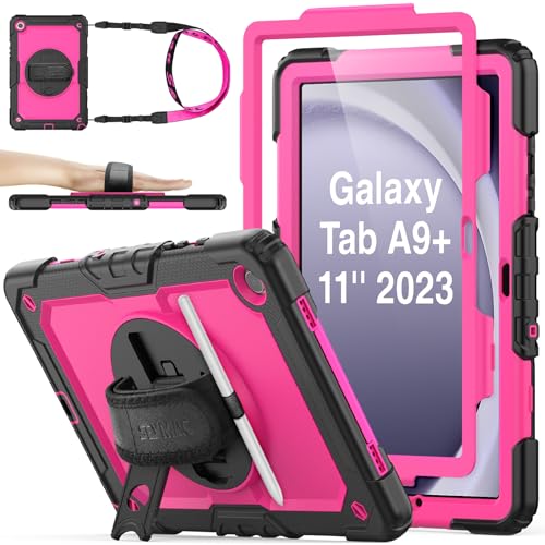 SEYMAC stock Hülle für Samsung Galaxy Tab A9 Plus/ A9+ 11 Zoll 2023, mit Displayschutz, 360° Drehbare Handschlaufe/Ständer, Stifthalter & Schultergurt, Stoßfeste Galaxy A9 Plus Tablet Hülle, Rose von SEYMAC stock