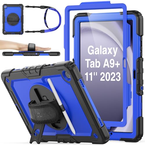 SEYMAC stock Hülle für Samsung Galaxy Tab A9 Plus/ A9+ 11 Zoll 2023, mit Displayschutz, 360° Drehbare Handschlaufe/Ständer, Stifthalter & Schultergurt, Stoßfeste Galaxy A9 Plus Tablet Hülle, Blau von SEYMAC stock