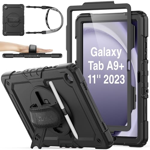 SEYMAC stock Hülle für Samsung Galaxy Tab A9 Plus/ A9+ 11 Zoll 2023, mit Displayschutz, 360° Drehbare Handschlaufe/Ständer, Stifthalter & Schultergurt, Stoßfeste Galaxy A9 Plus Tablet Hülle, Schwarz von SEYMAC stock