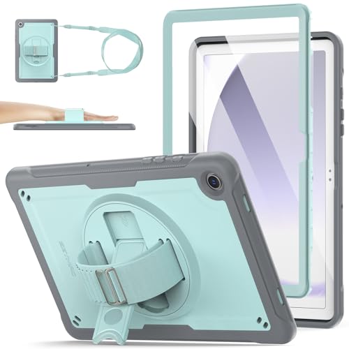 SEYMAC stock Hülle für Samsung Galaxy Tab A9 Plus 11 Zoll 2023, Stoßfeste Robuste Galaxy A9 Plus Hülle mit 360 Drehbare Handschlaufe/Ständer, Displayschutz, Stifthalter & Schultergurt, Hellblau/Grau von SEYMAC stock