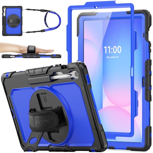 SEYMAC stock Hülle für Samsung Galaxy Tab S10 FE+ Plus 13,1 Zoll, Stoßfeste Hülle mit Displayschutz, 360° Drehbarer Ständer/Handschlaufe, Stifthalter & Schultergurt, Blau von SEYMAC stock