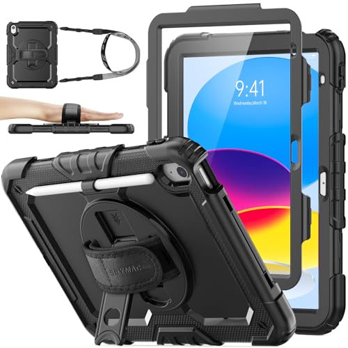 SEYMAC stock Hülle für iPad A16 11./10. Generation 11/10.9 Zoll 2025/2022, Stoßfeste Hülle mit Displayschutzfolie, 360 Drehbarer Ständer/Handschlaufe, Stifthalter & Schultergurt, Schwarz von SEYMAC stock