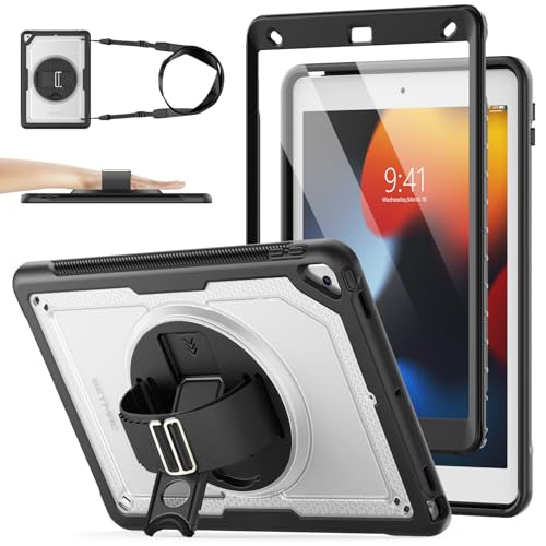 SEYMAC stock Hülle für iPad 9./8./7. Generation 10,2 Zoll 2021/2020/2019, Stoßfeste Hülle mit Displayschutz, Stifthalter, 360° Drehbarer Ständer/Handschlaufe & Schultergurt, Klar/Schwarz von SEYMAC stock