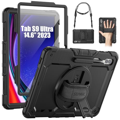 SEYMAC Hülle für Samsung Galaxy Tab S9 Ultra / S8 Ultra 14,6 Zoll 2023/2022, Stoßfeste Hülle mit Displayschutz, 360° Drehbarem Ständer und Handschlaufe, Schultergurt, Stifthalter, Schwarz von SEYMAC