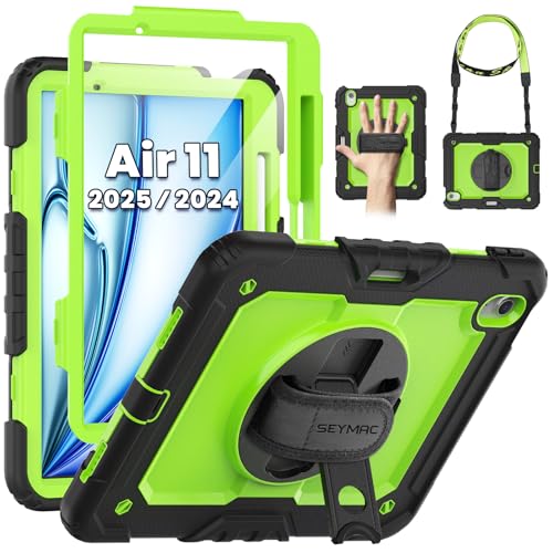 SEYMAC Hülle für iPad Air 11 Zoll M3 2025/M2 2024 (Air 7th/6th Generation), Heavy Duty Stoßfest Schutzhülle mit Displayschutz, drehbarem Ständer und Hand-/Schultergurt, Grün von SEYMAC