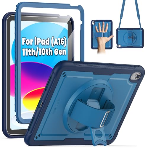SEYMAC Schutzhülle für iPad (A16) 11. / 10. Generation 2025/2022 (11 Zoll / 27,9 cm), stoßfest, mit Displayschutzfolie, 360° drehbarer Ständer und Hand-/Schultergurt, Blau von SEYMAC
