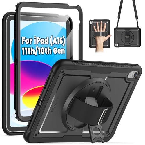 SEYMAC Schutzhülle für iPad (A16) 11. / 10. Generation 2025/2022 (27,9 cm / 27,9 cm), stoßfest, mit Displayschutzfolie, drehbarem Ständer und Hand-/Schultergurt, Schwarz von SEYMAC