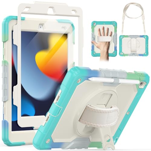 SEYMAC Hülle für iPad 9./8./7. Generation 2021/2020/2019, 10.2 Zoll, Stoßfest mit Displayschutzfolie, 360 Grad Drehbarer Ständer, Handschlaufe, Stifthalter, Creme von SEYMAC