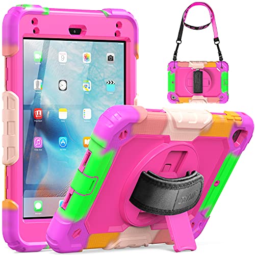 SEYMAC Schutzhülle für iPad Mini 5/Mini 4, 20 cm, robust, stoßfest, Ganzkörper-Schutzhülle mit Displayschutzfolie, drehbarem Ständer, Hand-/Schultergurt für iPad Mini 5/4, Camo/Pink von SEYMAC