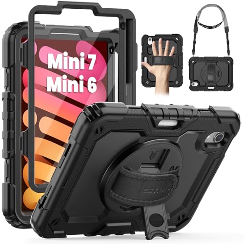 SEYMAC Schutzhülle für iPad Mini 7 (A17 Pro) 2024 / Mini 6 8,3 Zoll, stoßfest, mit Displayschutzfolie, 360° drehbarer Ständer, Hand-/Schultergurt für iPad Mini 7. / 6. Generation, Schwarz von SEYMAC