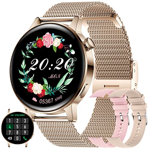SGDDFIT Smartwatch Damen mit Telefonfunktion 1.36" Zoll HD Armbanduhr SpO2 Pulsmesser Schlafmonitor Menstruationszyklus Schrittzähler Musikplayer Android iOS, Geschenke für Frauen (Gold) von SGDDFIT
