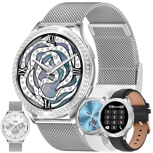 Smartwatch Damen mit Telefonfunktion, 1,32" Diamant IP68 Wasserdicht Sportuhr mit 123 Sportmodi, Blutdruckmessung, Herzfrequenz, Schrittzähler, 3 Uhrenarmband, Fitnessuhr für iOS Android (Silber) von SGDDFIT