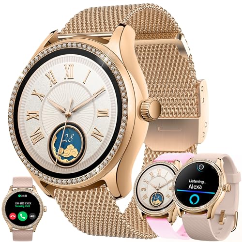 Smartwatch Damen mit Telefonfunktion Alexa Integriert, 1,38" Diamant IP68 Sportuhr mit 100+ Sportmodi, Herzfrequenz Blutdruckmessung, Schrittzähler, 3 Uhrenarmband, Fitnessuhr für iOS Android (Gold) von SGDDFIT