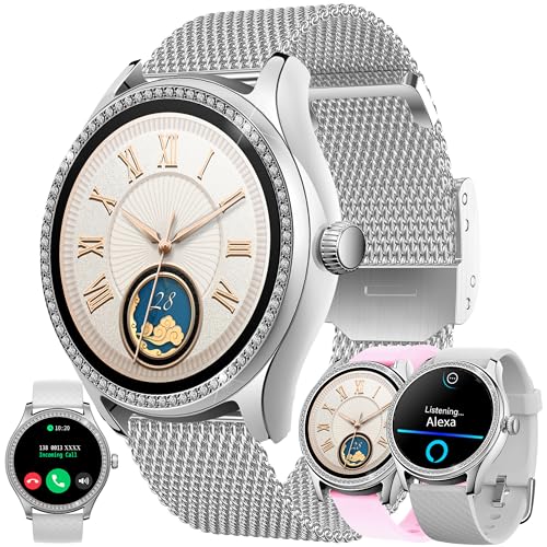 Smartwatch Damen mit Telefonfunktion Alexa Integriert, 1,38" Diamant IP68 Sportuhr mit 100+ Sportmodi, Herzfrequenz Blutdruckmessung, Schrittzähler, 3 Uhrenarmband, Fitnessuhr für iOS Android (Silber) von SGDDFIT