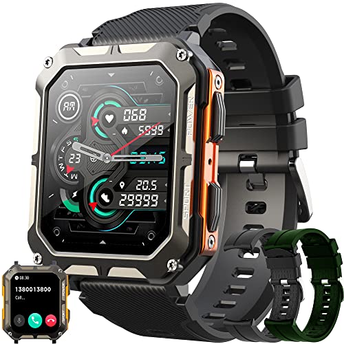 Smartwatch Herren mit Telefonfunktion, 1,81" Touchscreen 5ATM Wasserdicht Sportuhr mit Blutdruckmessung, Herzfrequenz, Schrittzähler, 123 Sportmodi Militärische Fitnessuhr für iOS Android (Orange) von SGDDFIT