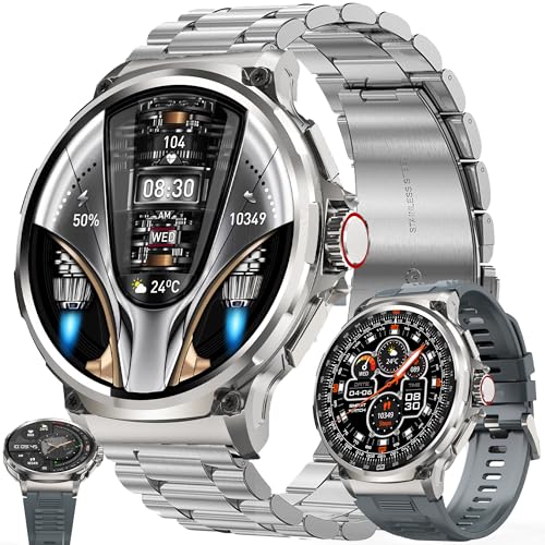 Smartwatch Herren mit Telefonfunktion, 1,85" AMOLED Runder Großbildschirm Sportuhr Herren mit Anrufe Fitnessuhr Herzfrequenzmonitor Schlafmonitor Schrittzähler, Smart Watch für iOS Android (Silber) von SGDDFIT