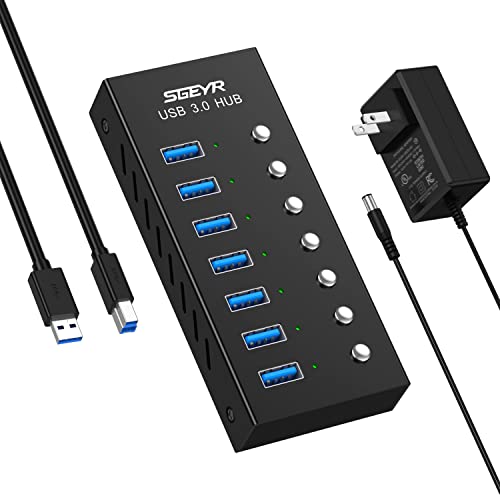 SGEYR Powered USB Hub, Aluminum USB 3.0 Data Hub Splitter 7 Ports with USB Charging Ports and Individual On/Off Switches with 12/2A(24W) Power Adapter for Laptop,HD Webcam,Printer HDD and Disk von SGEYR