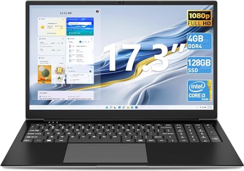 SGIN Laptop 17 Zoll, Laptops mit Intel Core i3-5005U Prozessor, bis zu 2,4 GHz, 4 GB RAM, 128 GB SSD, Webcam, WLAN, BT 4.2, Type-C, Mini-HDMI, USB 3.2, Schwarz von SGIN
