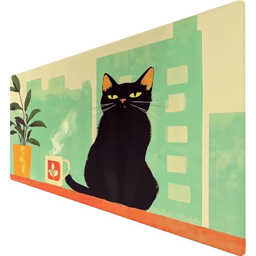 Gaming Mauspad 900x400 mm - rutschfeste Basis, Abriebfester Rand | Schwarze Katze Himmel Meer Muster Design & Hochwertiges Stoffoberfläche, Leicht zu Reinigen Größe Mousepad für Büro/Gamer (1) von SGKITM