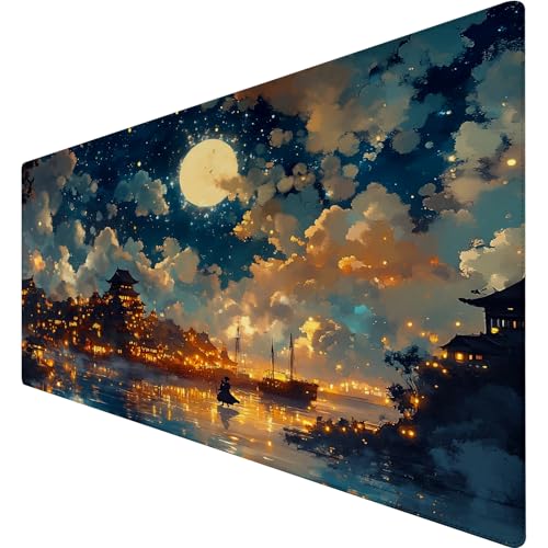 Gaming Mauspad 900x400 mm - rutschfeste Basis, Abriebfester Rand | Schwarze Katze Himmel Meer Muster Design & Hochwertiges Stoffoberfläche, Leicht zu Reinigen Größe Mousepad für Büro/Gamer (5) von SGKITM