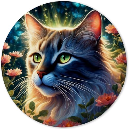 Mauspad aus Tuch + Naturkautschuk Anglebige Materialien 220 x 220 x 3mm Vernähte Kanten Wasserdichte Rutschfest Tragbar Runde Mauspads Elegante Katzen Muster Mouse Pad für Gaming, Zuhause, Büro (02) von SGKITM