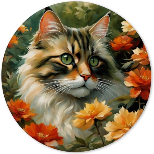 Mauspad aus Tuch + Naturkautschuk Anglebige Materialien 220 x 220 x 3mm Vernähte Kanten Wasserdichte Rutschfest Tragbar Runde Mauspads Elegante Katzen Muster Mouse Pad für Gaming, Zuhause, Büro (04) von SGKITM
