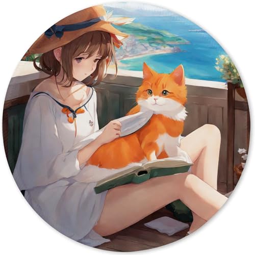 Mauspad aus Tuch + Naturkautschuk Anglebige Materialien 220 x 220 x 3mm Vernähte Kanten Wasserdichte Rutschfest Tragbar Runde Mauspads Elegante Katzen Muster Mouse Pad für Gaming, Zuhause, Büro (05) von SGKITM