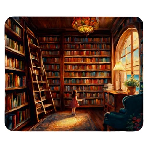 Mauspad aus Tuch + Naturkautschuk Anglebige Materialien 240 x 200 x 3mm Vernähte Kanten wasserdichte rutschfest Tragbar Square Mauspads Buchhandlung Muster Mouse Pad für Gaming, Zuhause, Büro (05) von SGKITM