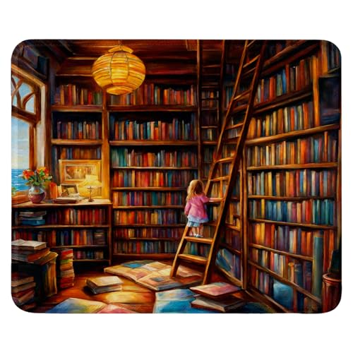 Mauspad aus Tuch + Naturkautschuk Anglebige Materialien 300 x 250 x 3mm Vernähte Kanten wasserdichte rutschfest Tragbar Square Mauspads Buchhandlung Muster Mouse Pad für Gaming, Zuhause, Büro (04) von SGKITM